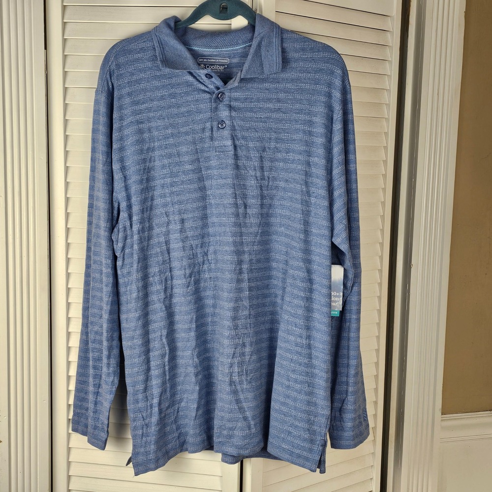 NWT Coolibar Mens Blue Bamboo Blend Long Sleeve Coppitt Weekend Polo Shirt Large
